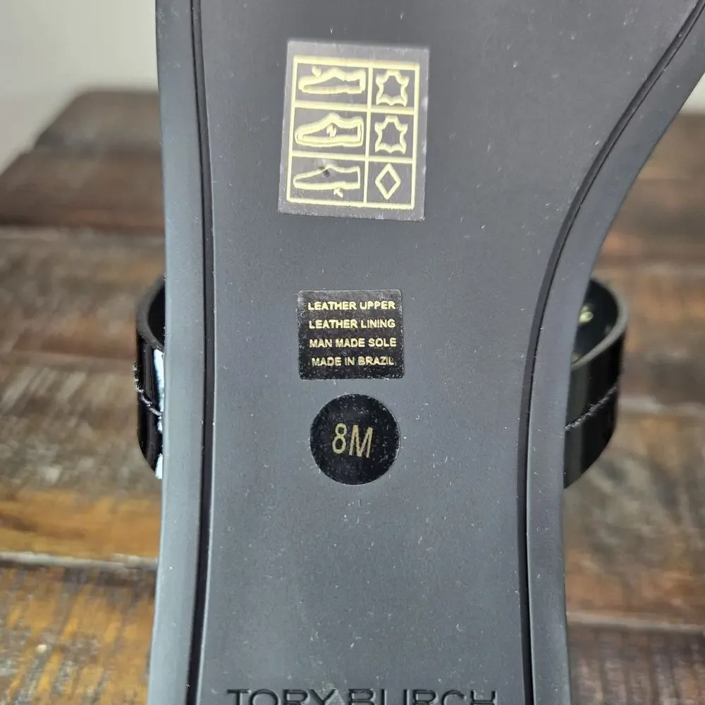 NEW Tory Burch Miller Patent Leather Womens Size 8 Logo Sandals Flip Flops Black